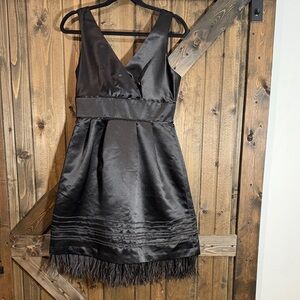 2/35$❤️Elegant Black Satin Dress with Feather Hem